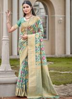 Organza Sky Blue Festival Wear Printed Saree